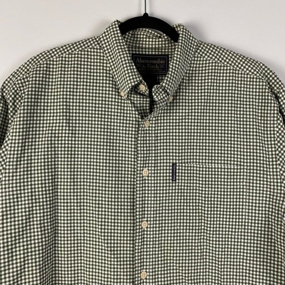 Abercrombie & Fitch Button Down Shirt Mens Large Green Plaid Relaxed Fit Logo - Picture 2 of 8